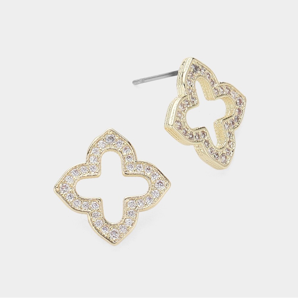 14K Gold Plated CZ Stone Paved Quatrefoil Stud Earrings